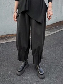 FRIFUL 女式纯黑色百褶下摆宽松休闲裤，适合秋季穿着 - 黑色 - 查看 5