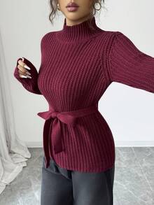 SHEIN Elenzya 冬季中长款高领针织毛衣，收腰设计 - 酒紅色 - 查看 3