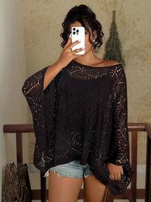 Travachic 大码时尚纯色镂空蝙蝠袖毛衣女士秋冬装 - 巧克力棕 - 查看 4