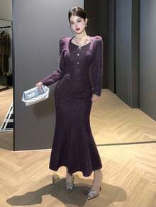 DAZY 优雅泡泡袖褶饰纽扣女式长裙，秋季 - 紫色 - 查看 4