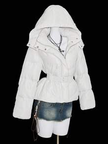 SHEIN ICON 女士纯色长袖连帽宽松休闲冬季夹克 - 白色 - 查看 10