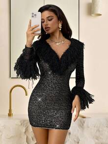 Vowa Vestido de fiesta, sexy, vanguardista, de malla, brillante, negro, de lentejuelas tejidas, con flecos largos y mangas largas, adecuado para discoteca, fiesta, playa, vacaciones y cóctel - Negro - Ver 5