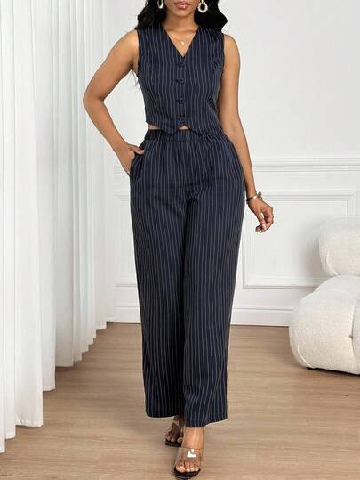 SHEIN Lady 女士条纹单排扣背心和阔腿裤休闲通勤两件套