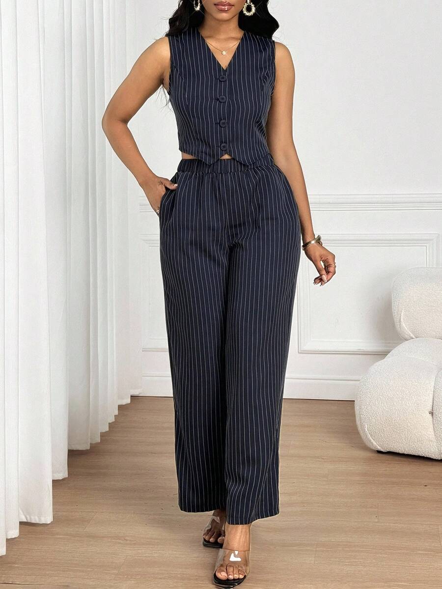 SHEIN Lady 女士条纹单排扣背心和阔腿裤休闲通勤两件套 - 白色 - 查看 1
