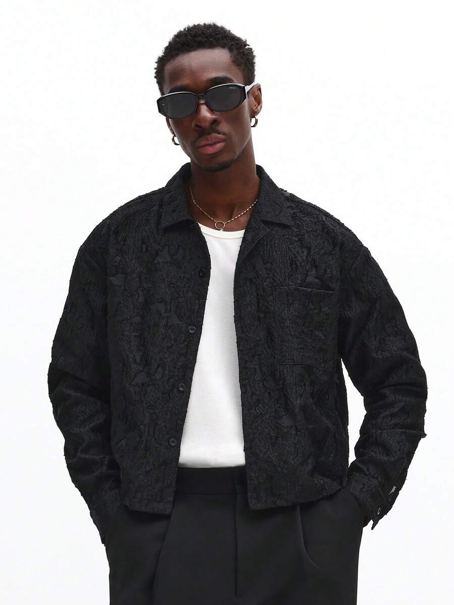 SUMWON Camisa de manga larga con textura, ajustada a la cintura, con botones y cuello, de uso casual y diario, lisa - Negro - Ver 1