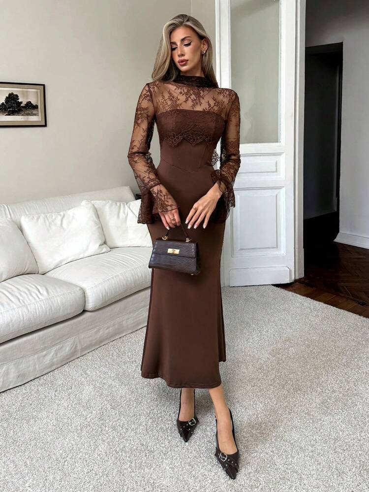 Elenzga فستان طويل بتصميم ذيل السمكة، لون أحادي، مزين بالدانتيل، حزام رقبة حلقي، أكمام طويلة مزينة بالكشكشة، خط مركزي أمامي مزين بخط عظام السمك، ذيل طويل، مناسب للحفلات والهالوين والكريسماس والمناسبات الخاصة والمواعيد - بني - مشاهدة 5