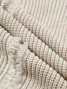 Chillumni Solid Color Casual Crew Neck Sweater For Men, Suitable For Everyday Wear Men Knit Sweater Frayed Knit Sweater Distressed Sweater Waffle Knit Sweater Knitwear Back To School Long Sleeve Knit Sweater Distressed Sweater Men Streetwear Men Cream Sweater , Fall Winter