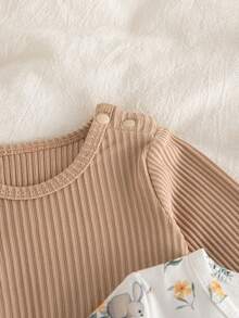SHEIN 2pcs/Set Newborn Baby Girls Cute Pattern & Solid Color Snap Shoulder Round Neck Long Sleeve Dress, Versatile For Everyday Wear - Multicolor - View 4