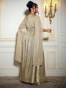 Roveilla Plus Size Elegant Party Metallic V-Neck Ruched Dress, Party Wear - Champagne - View 2