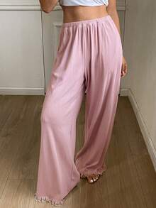 DAZY Ruffled Hem Patchwork Loose Long Women Cozy Pajama Bottoms - Dusty Purple - View 4