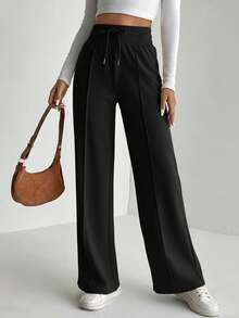 SHEIN Tall 净色抽绳腰部阔腿运动裤 - 黑色 - 查看 5