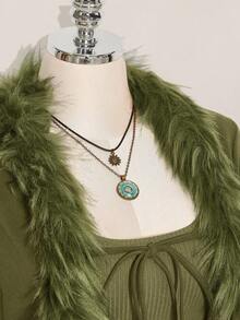 SHEIN ICON Áo khoác croptop buộc dây phía trước viền lông Y2k màu đen Plus dành cho nữ mùa thu đông - xanh quân đội - Xem 7