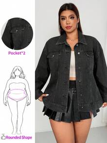 Enliva Melanieangelese Plus Size Women's Casual Washed Button-Up Loose Denim Jacket, Autumn, For Apple Rounded Body Shape