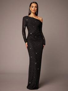 Silquee Svart mesh, vriden, rynkad, sned axel, rak passform, långärmad, elegant och sexig klänning för kvinnor, lämplig för romantiska dejter, alla hjärtans dag, vardagskläder, tillfälliga dejter, fester, sammankomster, festivaler, bröllop, utekvällar, nattklubbar, cocktailpartyn - Svart - Visa 3