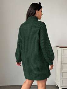 SHEIN EZwear Vestido de suéter de punto grueso y holgado con mangas de farol de cuello alto, otoño/invierno, talla grande - Verde Oscuro - Ver 2
