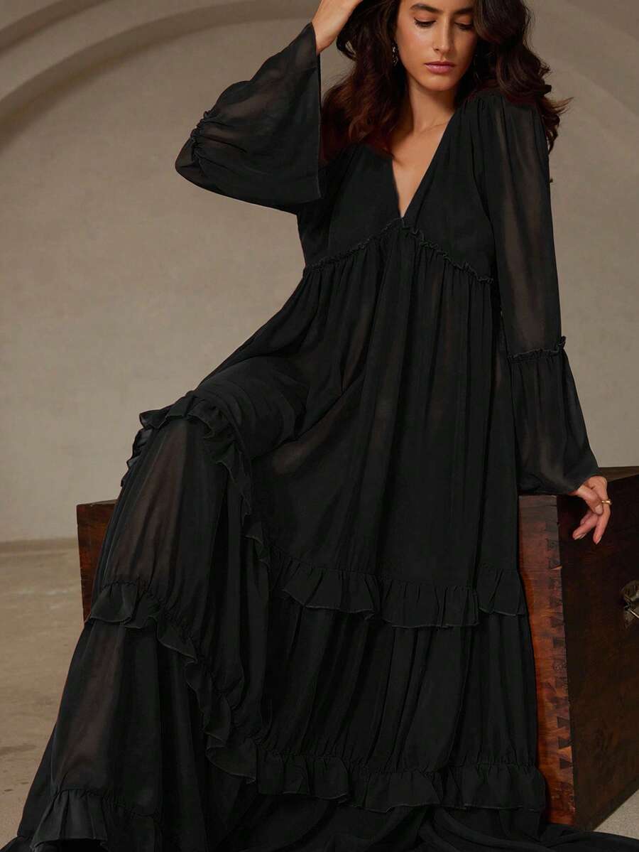 Arave Vestido con manga larga acampanada, cuello en V profundo, volantes y dobladillo con volantes en capas, de gasa color rojo ladrillo, estilo bohemio reversible para mujer - Negro - Ver 1