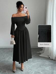 Modelyn Women's Autumn Knitted Lace Patchwork Solid Color Off-Shoulder Long Sleeve A-Line Dress - Black - View 6