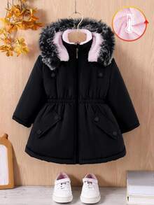 Elladie kids 年轻女孩休闲连帽束腰派克大衣 - 黑色 - 查看 4