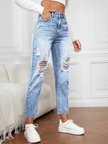 EMERY ROSE Plus Size Women High Waist Pockets Distressed Straight Leg Casual Jeans - Blue - View 3