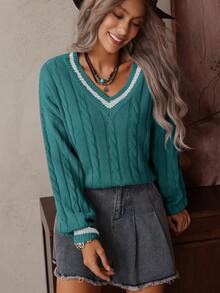 LanaWest Casual Contrast Color Trim Raglan Sweater, Autumn/Winter - Green - View 3