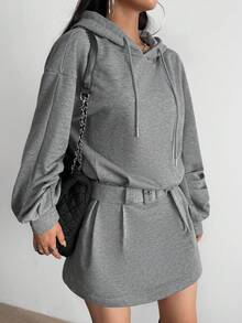 Modelyn 韩版休闲优雅时尚连帽卫衣连衣裙，秋冬 - 灰色 - 查看 8