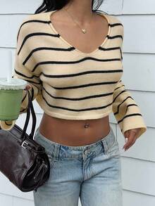 SHEIN Unity Fashionable Sexy V-Neck Versatile Striped Women Sweater - Multicolor - View 6