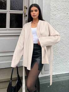 SHEIN EZwear Manteau en laine casual à lacets de couleur abricot grande taille, style élégant pour l'automne. Cardigan enveloppant pour femmes, cardigan ceinturé