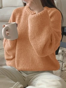 DAZY 秋冬休闲纯色落肩毛衣 - 珊瑚橙 - 查看 2