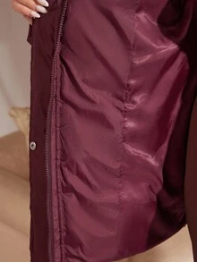 SHEIN BAE 冬季加大码纯色连帽前扣长袖棉服外套 - 紅木色 - 查看 9