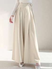 DAZY 女士系带纯色阔腿裤，商务休闲 - 白色 - 查看 6