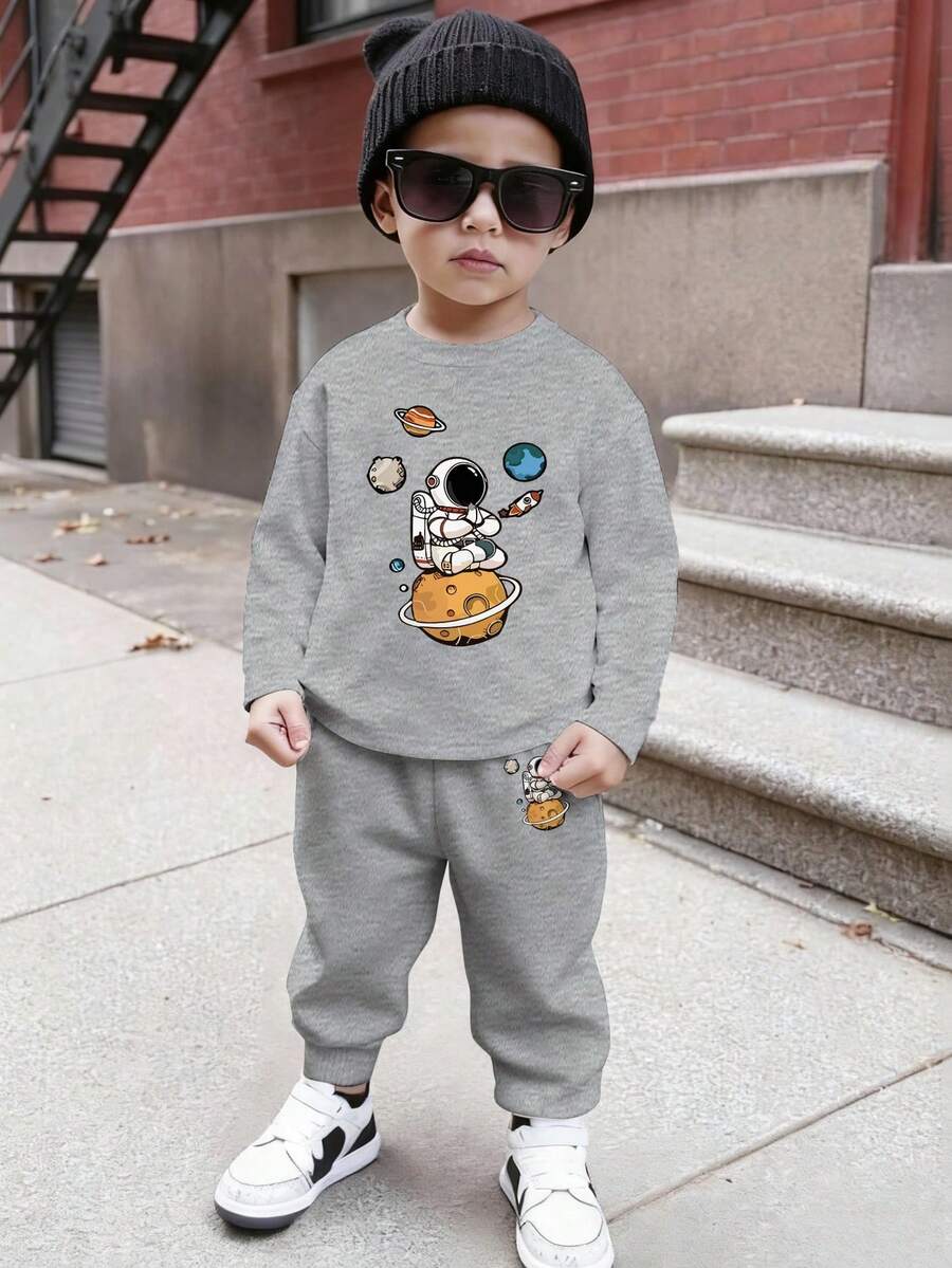 SHEIN 2 件套宇航员和星球印花圆领运动衫和慢跑裤套装，休闲时尚，适合秋冬 - 灰色 - 查看 1