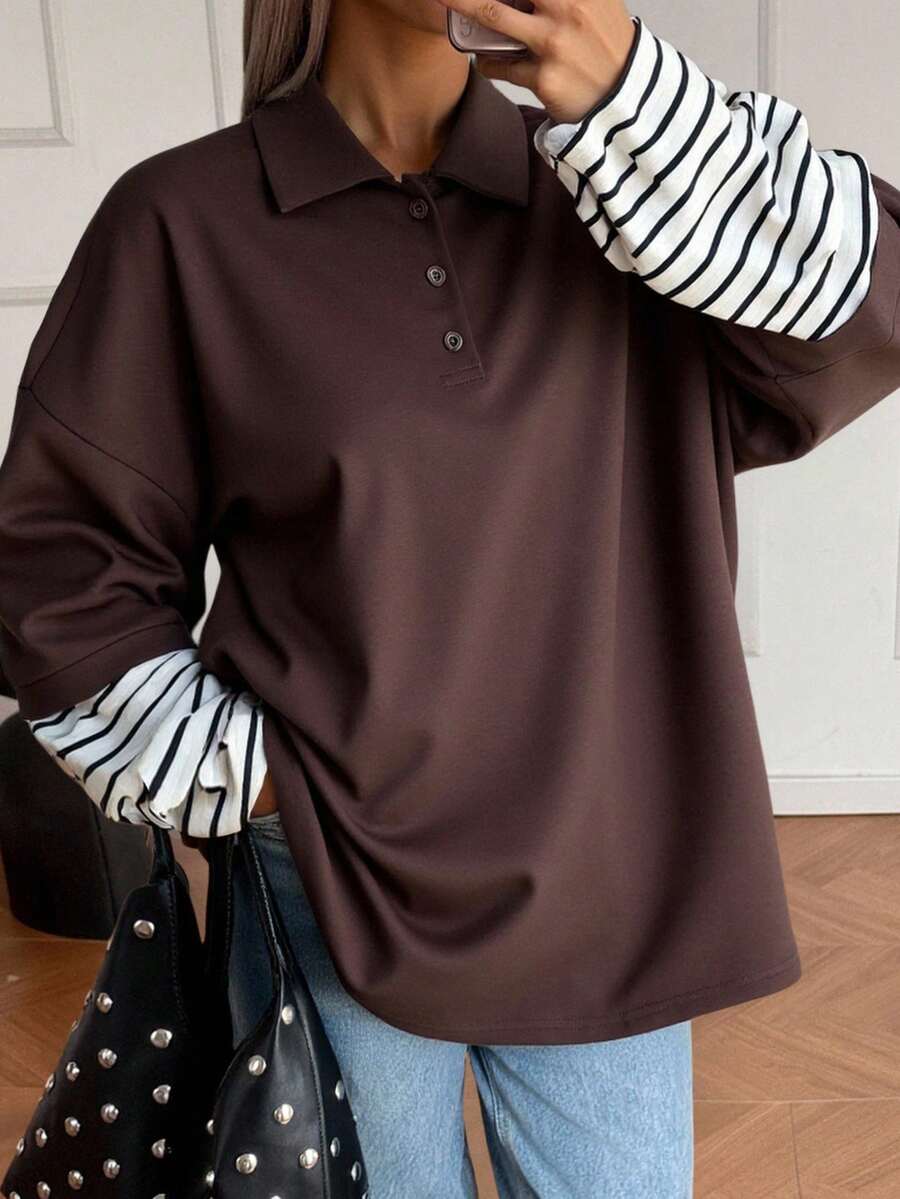 DAZY Damska luźna, swobodna, uliczna, patchworkowa koszulka z długim rękawem, jesień/zima