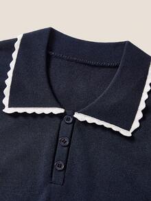 Muvela 2pcs Women Retro Collar Short Knit Sweater Set - Navy Blue - View 3