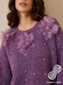 Aveloria Rosie Suéter holgado de cuello redondo con diseño floral 3D texturizado de moda que rejuvenece