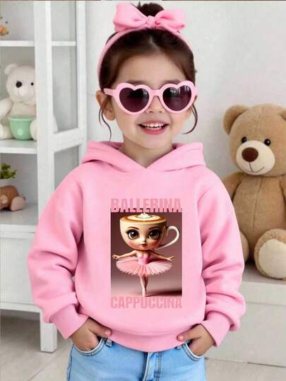 Moletom de manga comprida com estampa de letras de bailarina, casual, confortável, moderno, versátil, criativo e divertido, "Bailarina Cappuccina", para meninas, roupas de Natal para outono/inverno