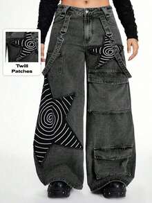 ROMWE Grunge Punk Quần ống rộng in hình ngôi sao rách Punk cỡ lớn cho nữ - Xám - Xem 2