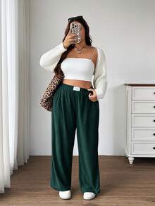 SHEIN EZwear 大码女式高腰宽松灯芯绒裤，带口袋和贴片设计，适合校园、日常穿着和室内工作，秋冬季，深绿色 - 墨綠色 - 查看 6