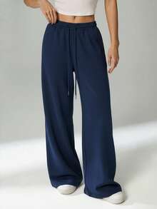 SHEIN Tall Spring And Summer New Casual And Versatile Slim Low-Waist Elastic Waistband Loose Wide-Leg Sweatpants Navy Blue Navy Blue Pants Elastic Waist Pants Flowy Pants For Women Baggy Wide Leg Pant Loose Pants - Navy Blue - View 3