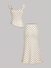 Girlism Teen Girl Summer Casual Vacation Knit Mesh Polka Dot Print Top And Fish Tail Skirt 2 Pieces Set, Polka Dot Set, Skirt Sets - Apricot - View 2