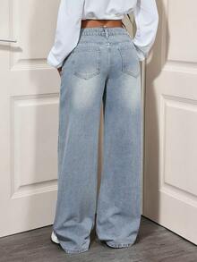 SHEIN Tall Quần jeans ống đứng cạp cao phong cách ICON dành cho nữ, dáng cao, gợi cảm, lưng thấp - Rửa nhẹ - Xem 2