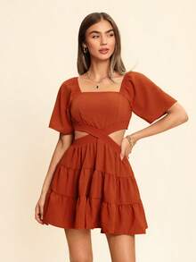 Coeurva Vacation Square Neck Hollow Out Ruffle Hem Casual Dress For Summer - Rust Brown - View 4