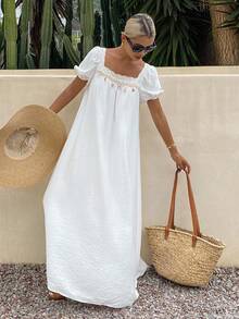 Livesso Đầm xòe tay bồng cổ vuông đính hạt ren mùa hè cho nữ, phong cách nghỉ dưỡng - trắng - Xem 3