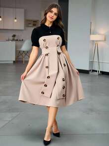 少女拼色泡泡袖迷你连衣裙 - 卡其色 - 查看 5