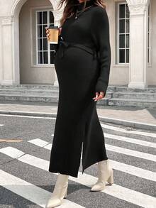 SHEIN Casual High Collar Dropped Shoulder High Slit Tie-Up Maternity Dress - Black - View 3