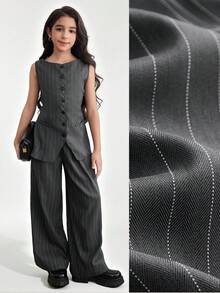 Ontre 2pcs Tween Girl Striped Single-Breasted Top And Pants Set - Black - View 1