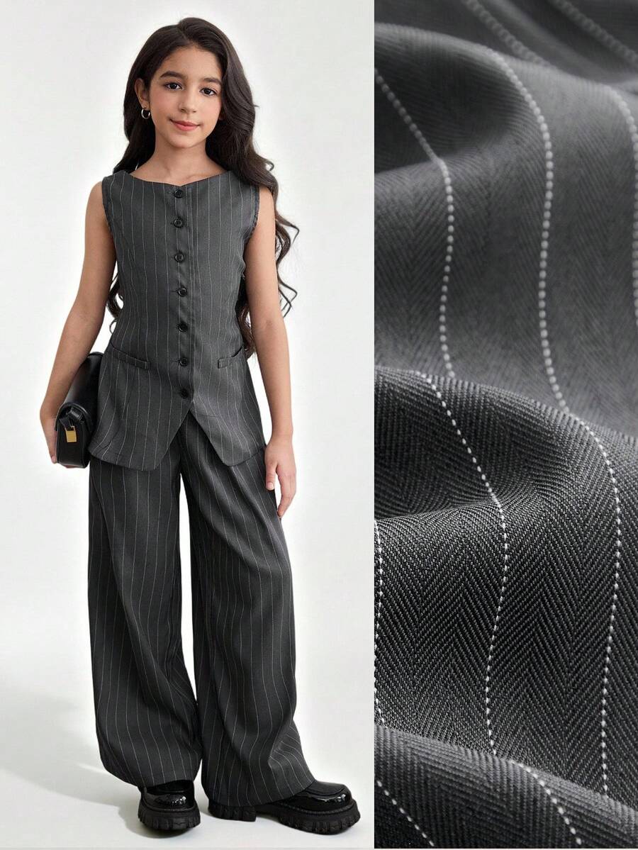 Ontre 2pcs Tween Girl Striped Single-Breasted Top And Pants Set - Black - View 1