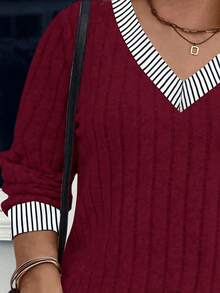 EMERY ROSE Plus Size Women V-Neck Ribbed Contrast Trim Soft Plus Size Ribbed Knit Sweatshirt, Autumn/Winter - Burgundy - View 4