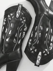 Solezae Botas occidentales de tacón grueso con corte para mujer - Negro - Ver 8