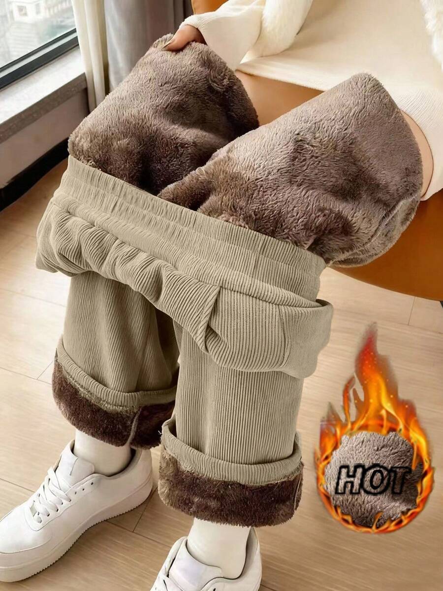 INAWLY Quần ống đứng dáng rộng, lót nhiệt dày mới, thu/đông - Màu Khaki - Xem 1