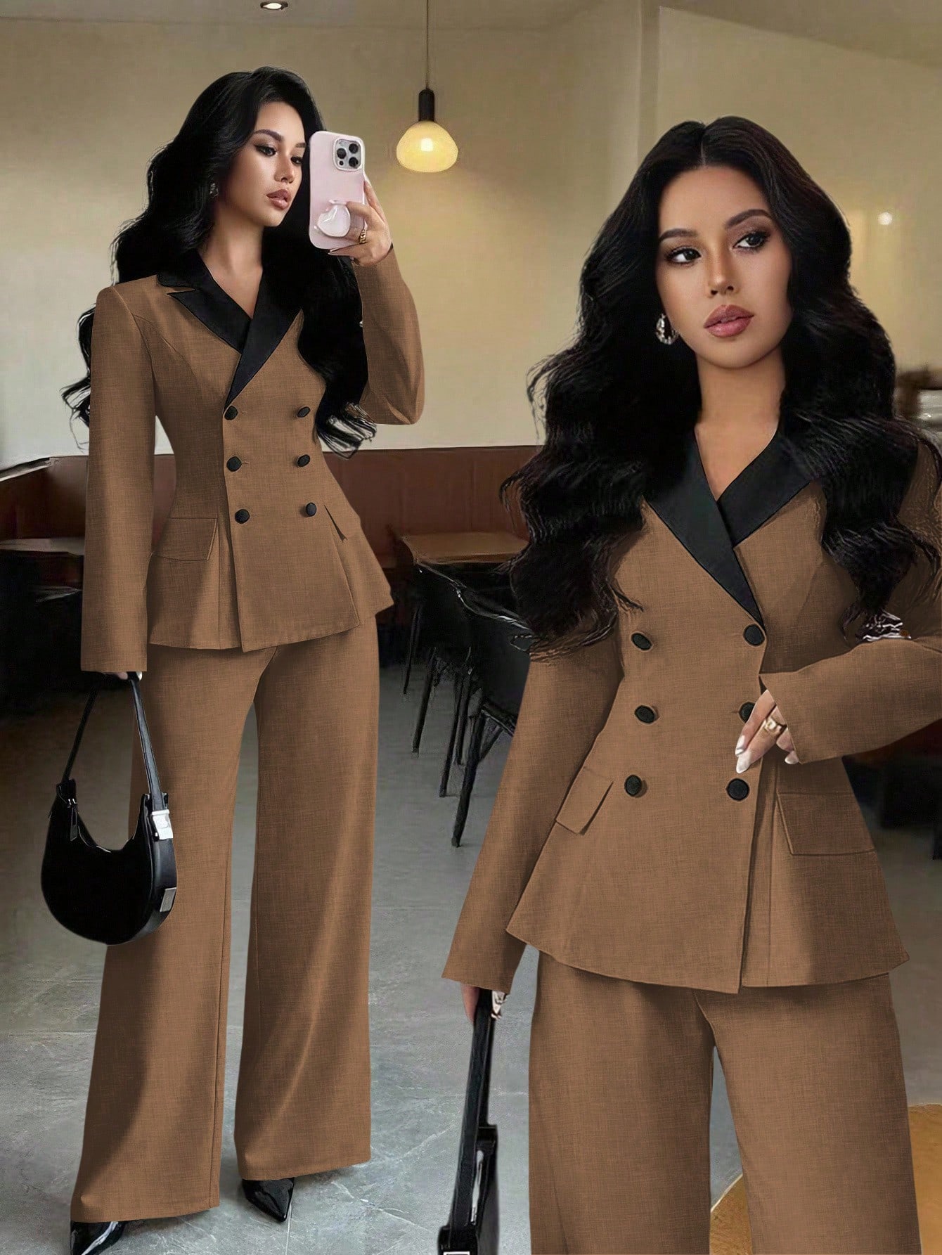 Elenzga بدلة نسائية أنيقة طويلة الأكمام بتباين لون...